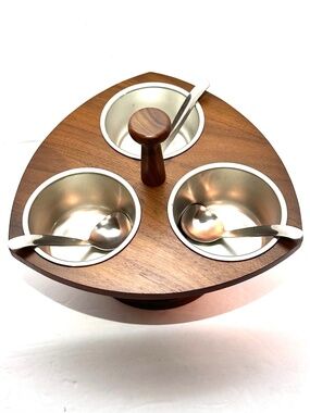 Vintage Kustom Kraft MCM Black Walnut Wood Lazy Susan Condiment / Dip Server